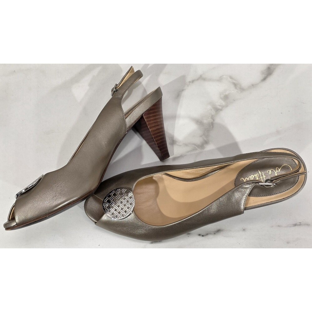 Cole Haan Peep Toe Slingback Pumps 8.5B Metallic Leather Neutral Old Money Y2K